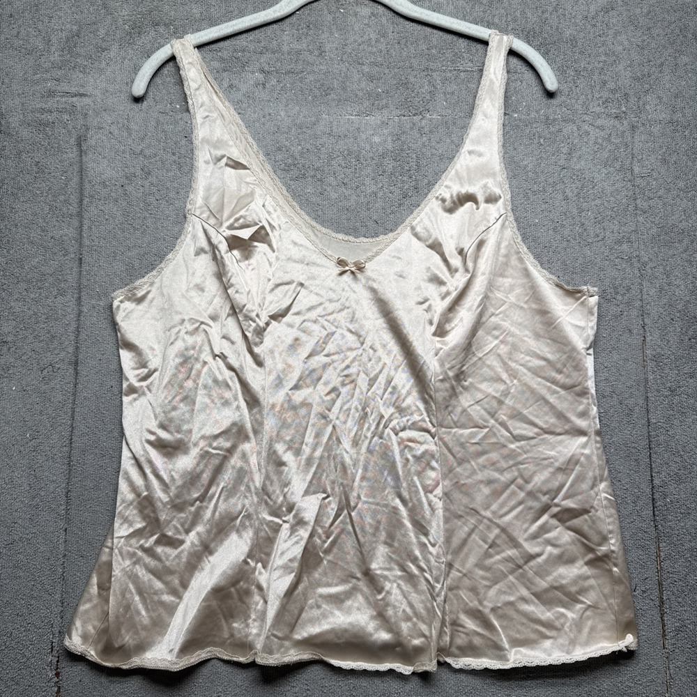 Vintage Nylon Slip Camisole Top Beige Satin Lace Trim Women's‎ XL - Picture 1 of 7